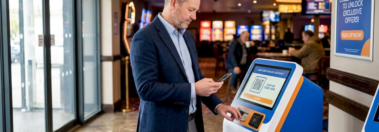 Man linking online account in casino lobby