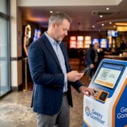 Man linking online account in casino lobby