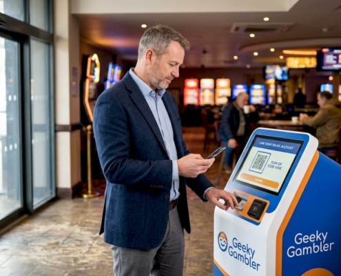 Man linking online account in casino lobby