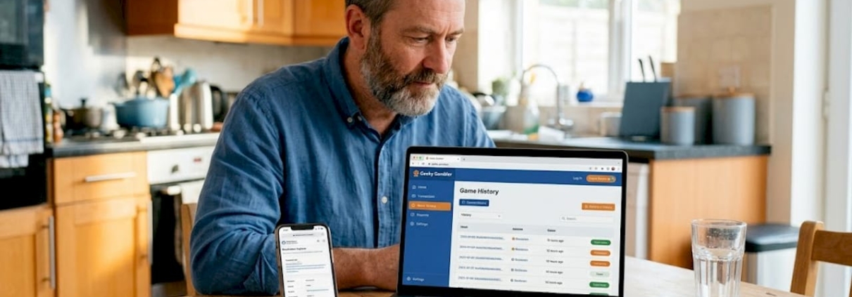 Man verifying casino blockchain on laptop