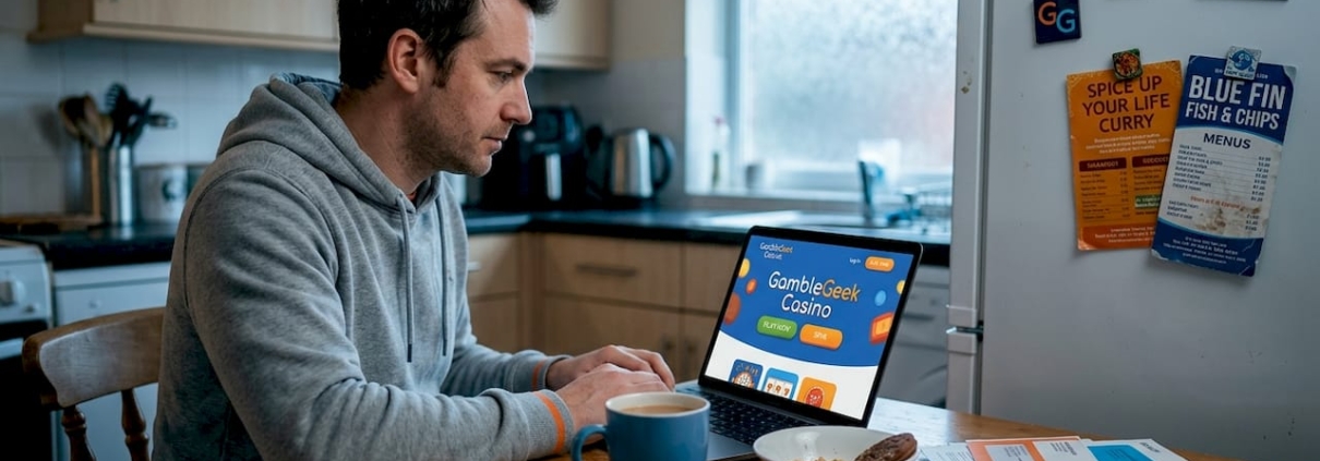 Man using online casino site at kitchen table