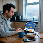 Man using online casino site at kitchen table