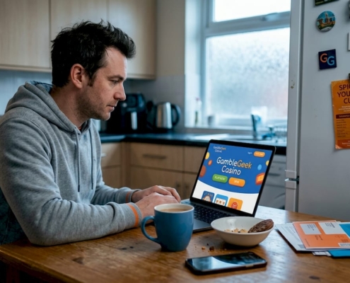 Man using online casino site at kitchen table