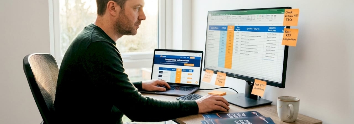 Man researching casino payouts at home desk