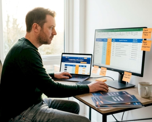 Man researching casino payouts at home desk