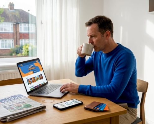 Man responsibly gambling at home table