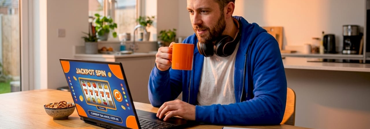 Man gaming at kitchen table with laptop