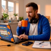 Man gaming at kitchen table with laptop