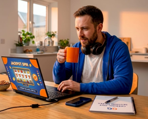 Man gaming at kitchen table with laptop