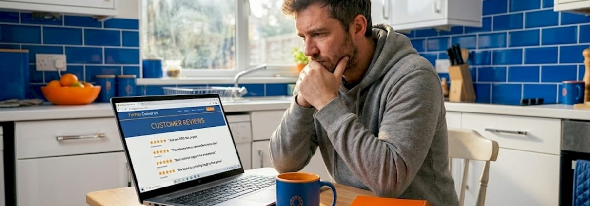 Man researching casino site reputation at kitchen table