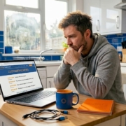 Man researching casino site reputation at kitchen table