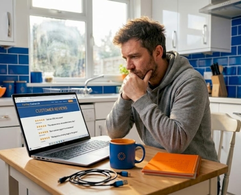 Man researching casino site reputation at kitchen table