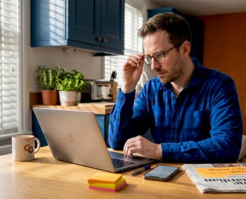 Man checking casino balance at kitchen table