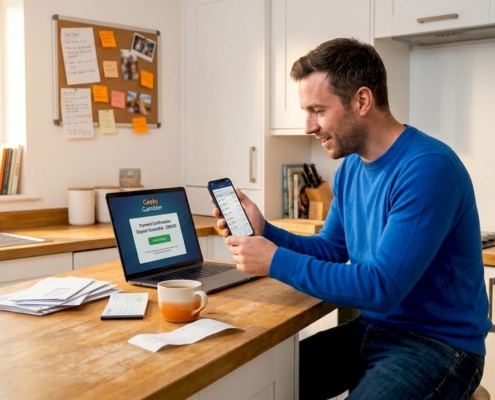 Man checking casino withdrawal on kitchen island