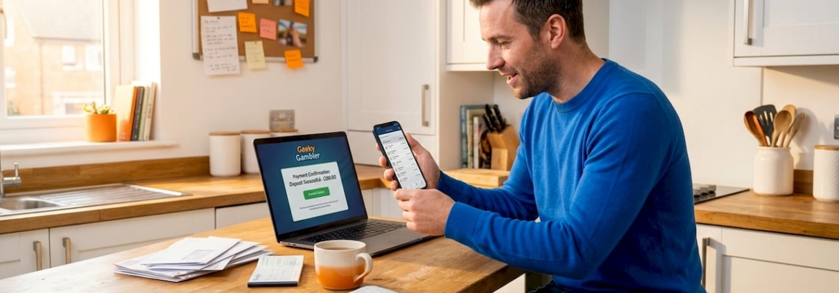 Man checking casino withdrawal on kitchen island