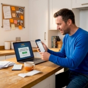 Man checking casino withdrawal on kitchen island