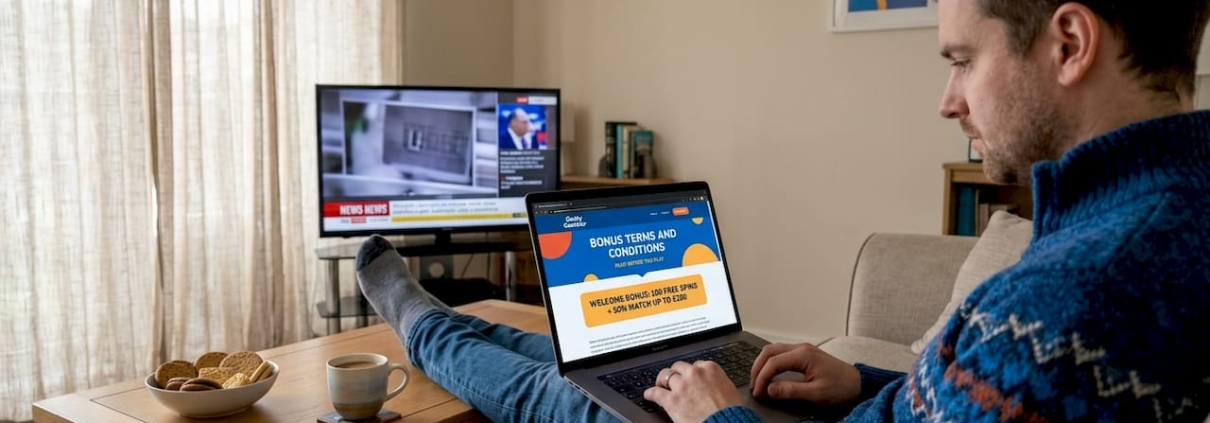 Man checking casino bonus terms at home