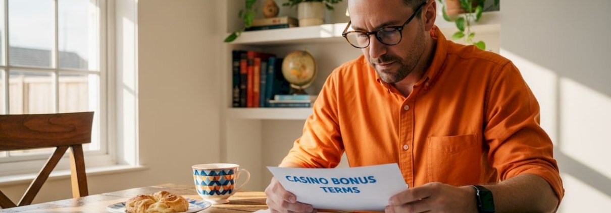 Man reviewing casino bonus terms at kitchen table