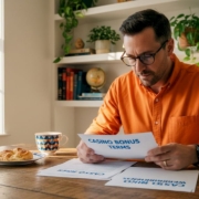 Man reviewing casino bonus terms at kitchen table