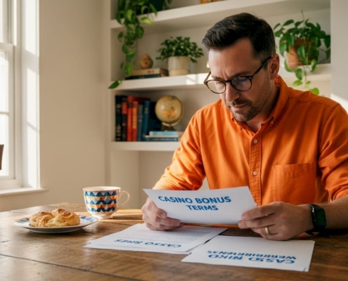 Man reviewing casino bonus terms at kitchen table