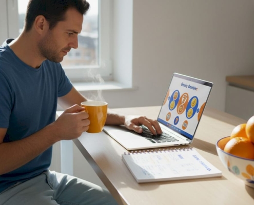 Man playing online casino slots at home