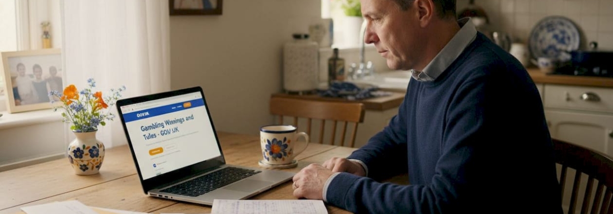 Man reading UK gambling tax rules online