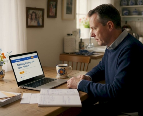 Man reading UK gambling tax rules online