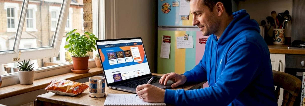 Man checking UK casino bonus terms at home