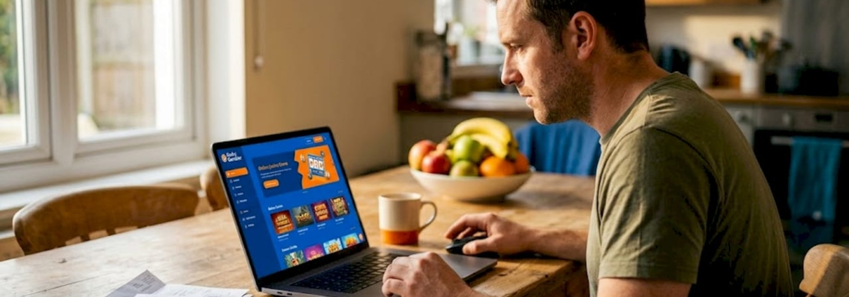 Man checks online casino affordability at home