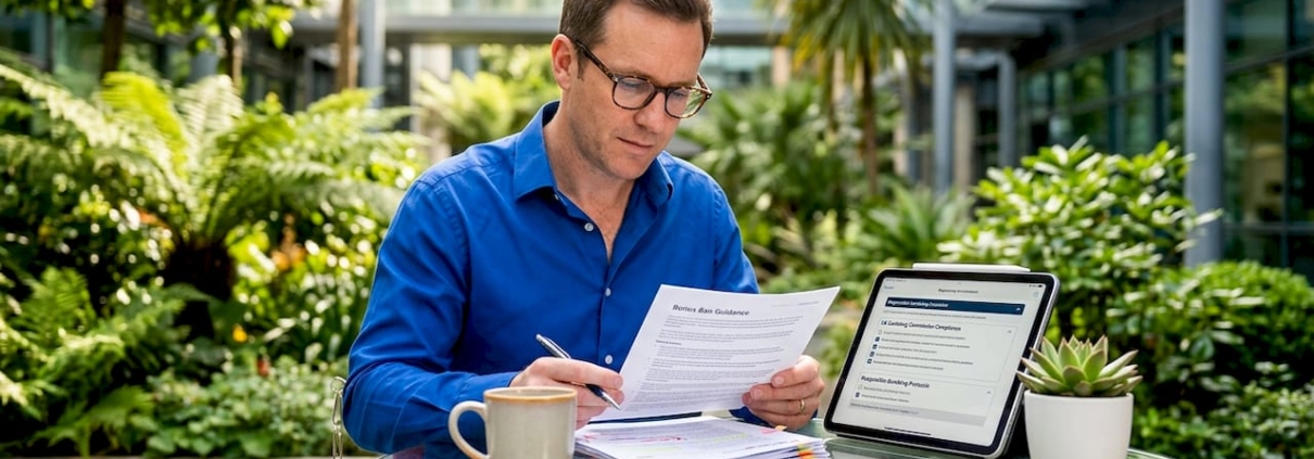 Manager reviewing bonus ban compliance guidelines