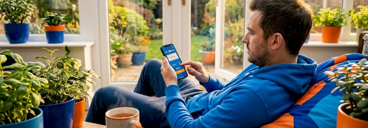 Man using free spins on smartphone at home