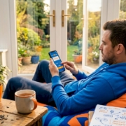 Man using free spins on smartphone at home