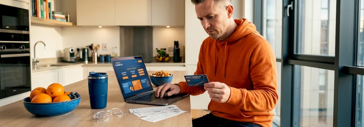 Man examines casino loyalty card at kitchen table