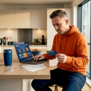 Man examines casino loyalty card at kitchen table